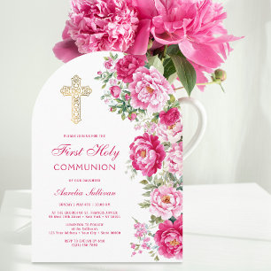 Hot Pink Peonies Arch First Communion Invitation