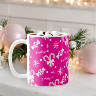 Hot Pink Peppermint Candy Cane Snowflakes Add Name Coffee Mug