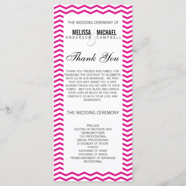 Hot Pink Perfect Chevron/Zig Zag Wedding Program Programme (Front)