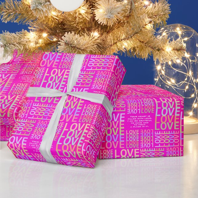 Hot Pink Personalised "LOVE" Typography Pattern  Wrapping Paper (Holidays)