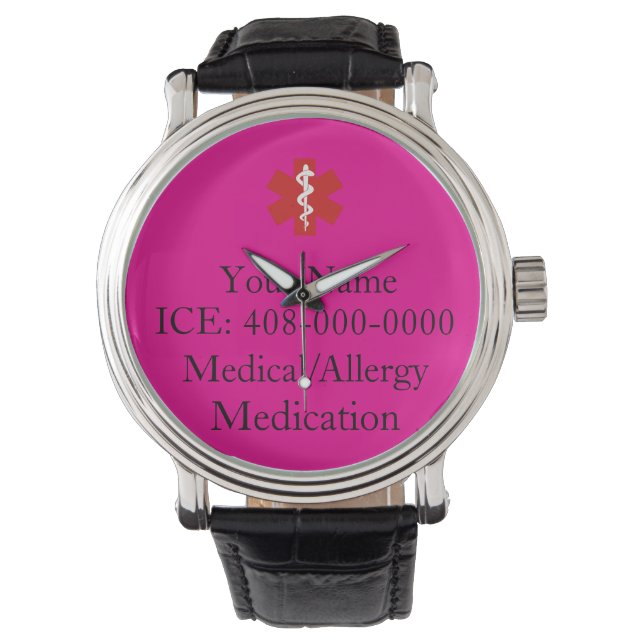 Hot Pink Personalised Medical ID  Watch (Front)