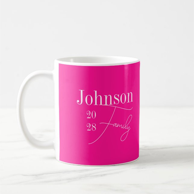 Hot Pink Personalised Modern Family Name Coffee Mug (Left)