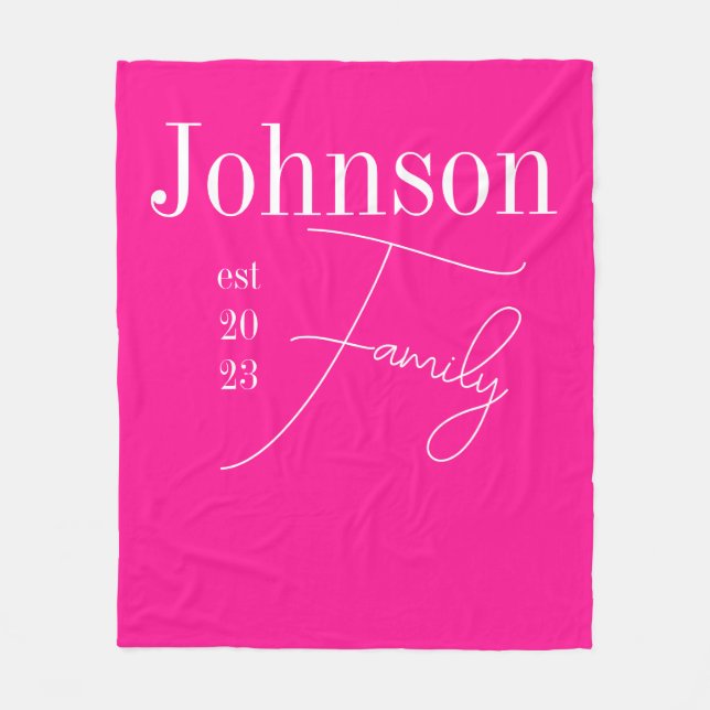 Hot Pink Personalised Modern Family Name Fleece Blanket (Front)