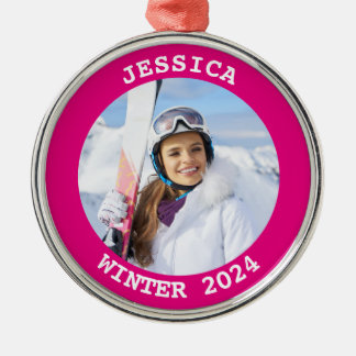 Hot Pink Personalised Round Family Photo Metal Tree Decoration