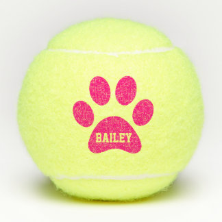 Hot Pink Pet Paw Print Personalised Name Toy Tennis Balls