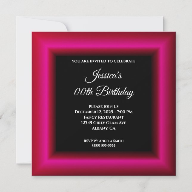 Hot Pink Photo Border Black Any Year Birthday Invitation (Front)