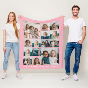 Hot Pink Photo Collage - Modern 14 Pic Grid Fleece Blanket