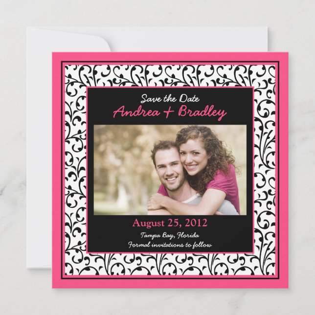 Hot Pink Photo Damask Floral Save the Date (Front)