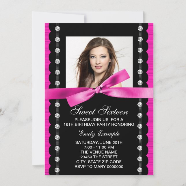 Hot Pink Photo Sweet 16 Birthday Party Invitation (Front)