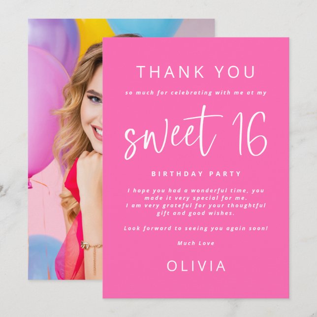 Hot Pink Photo  Sweet 16 Birthday Party Thank You Card (Front/Back)