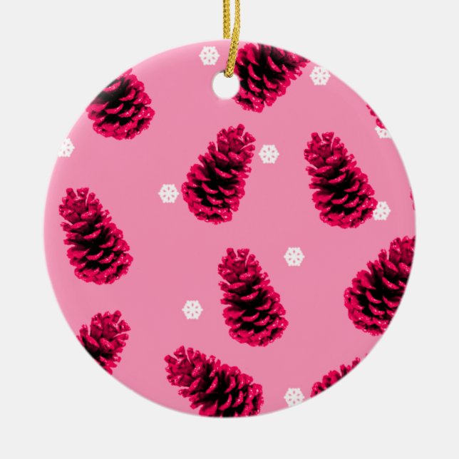 Hot Pink Pine Cones Christmas Ceramic Ornament (Front)