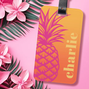 Hot pink pineapple orange yellow gradient retro luggage tag