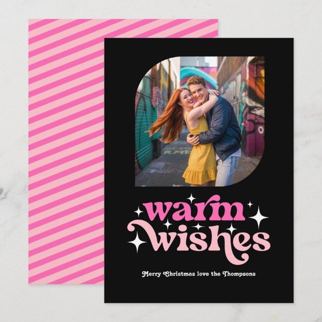 Hot-Pink & Pink Modern Retro Christmas Photo Holiday Card (Front/Back)
