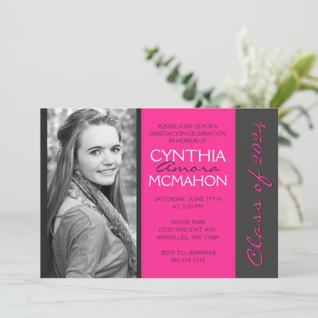 Hot Pink & Pinstripe Grey Photo Graduation Invitation (Standing Front)
