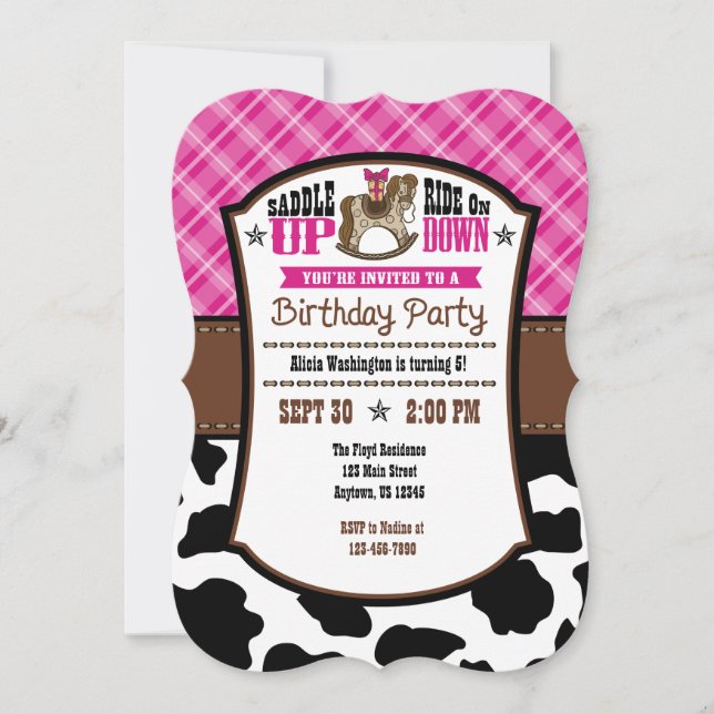 Hot Pink Plaid Cowhide Cowboy Birthday Invite (Front)