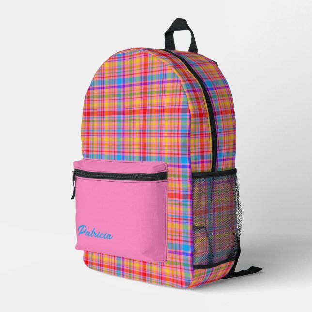 Hot Pink Plaid Fun Personalised Printed Backpack (Back Corner Right)