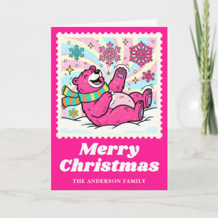 Hot Pink Polar Bear Christmas Postage Stamp Holiday Card