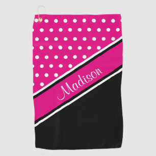Hot Pink Polka Dot Black Diagonal Script Name Golf Towel