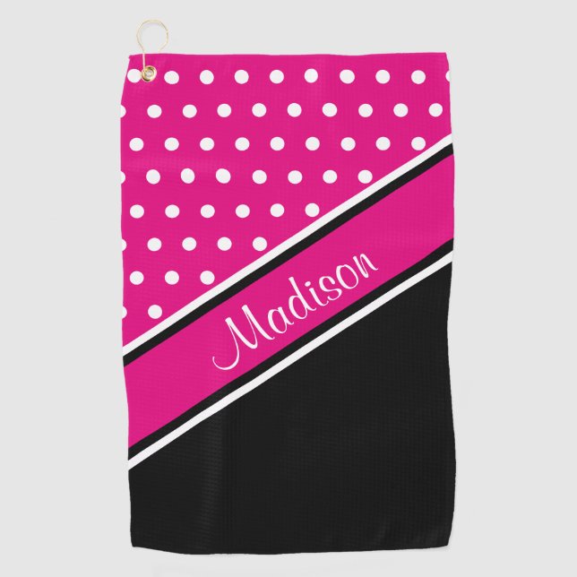 Hot Pink Polka Dot Black Diagonal Script Name Golf Towel (Front)