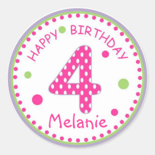 Hot Pink Polka Dot Happy Birthday Number 4 Classic Round Sticker
