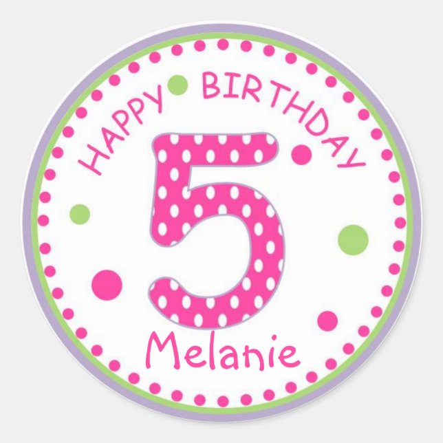 Hot Pink Polka Dot Happy Birthday Number 5 Classic Round Sticker (Front)