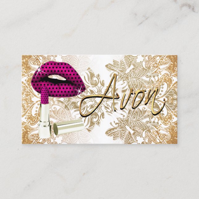 Hot Pink Polka Dot Lips & Gold - Avon Business Card (Front)