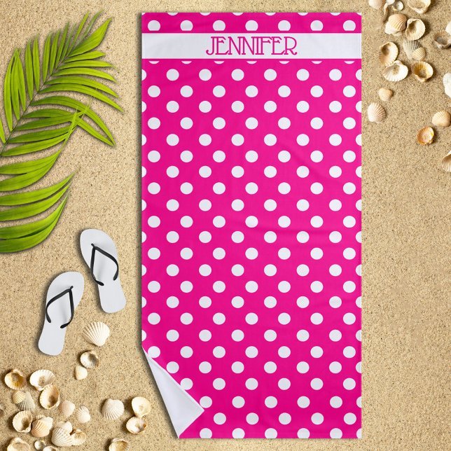 Hot Pink Polka Dot Personalised Beach Towel (Creator Uploaded)