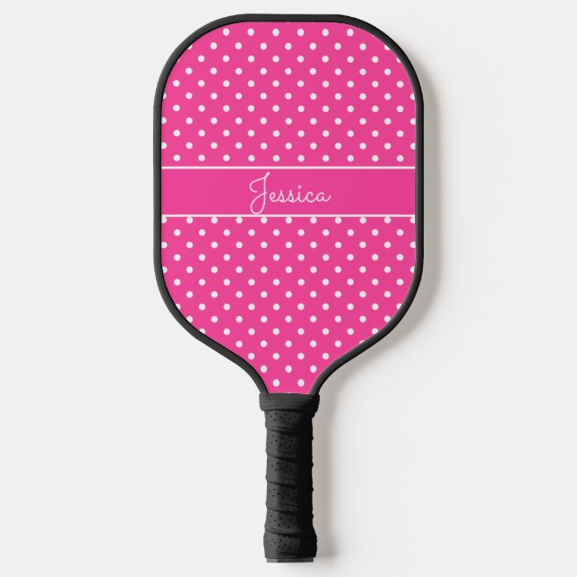 Hot Pink Polka Dot with Name Pickleball Paddle (Front)