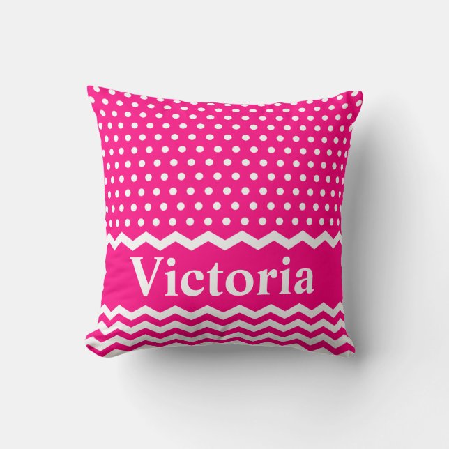 Hot Pink Polka Dots and Chevrons Cushion (Front)