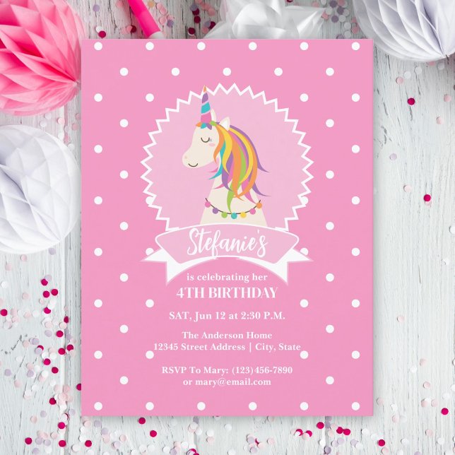 Hot Pink Polka Dots Magical Unicorn Girl Birthday Invitation (Creator Uploaded)