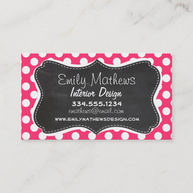 Hot Pink Polka Dots; Vintage Chalkboard Business Card (Front)