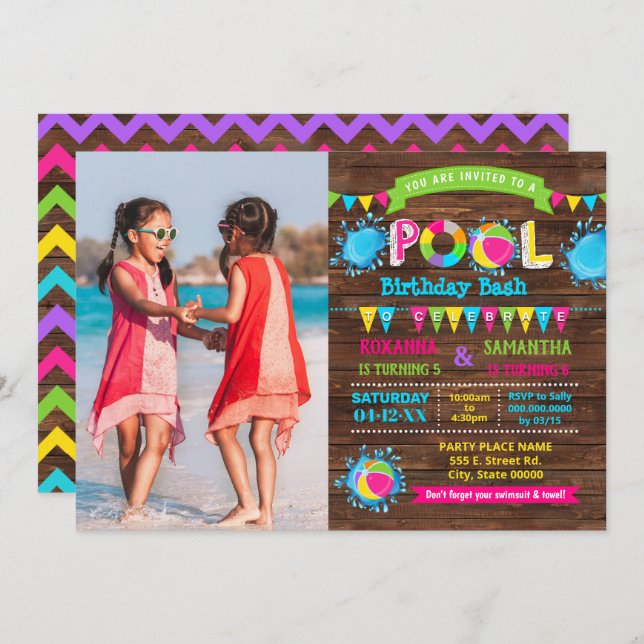 Hot Pink Pool birthday bash combined sibling photo Invitation (Front/Back)