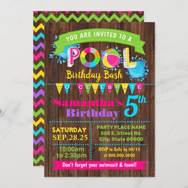Hot Pink Pool birthday summer bash wood party Invitation (Front/Back)