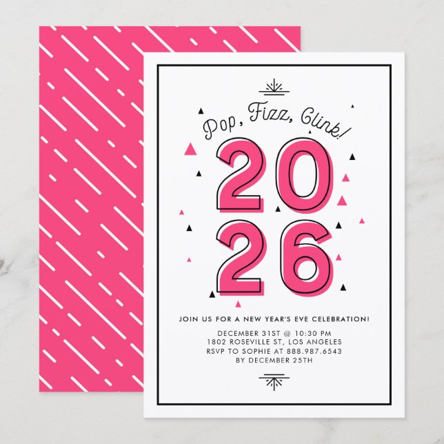 Hot Pink Pop Fizz Clink 2026 New Year's Eve Party Invitation (Front/Back)