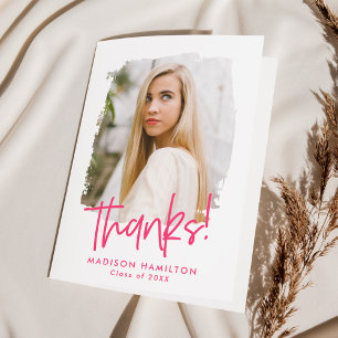 Hot Pink Preppy Script Photo Graduation Thank You Card