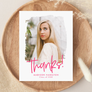 Hot Pink Preppy Script Photo Graduation Thank You Postcard