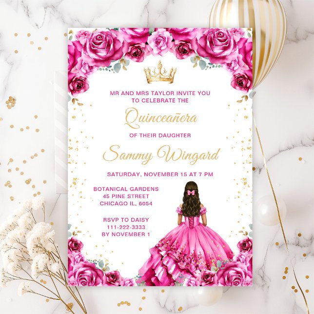 Hot Pink Princess Floral Quinceañera Invitation (Creator Uploaded)