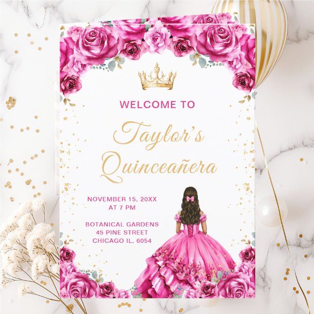 Hot Pink Princess Floral Quinceañera Program Programme (Creator Uploaded)