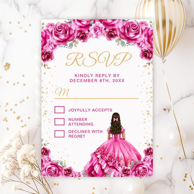 Hot Pink Princess Floral Quinceañera RSVP Card (Creator Uploaded)