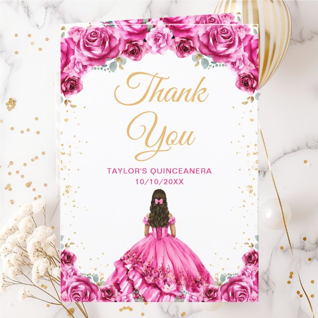 Hot Pink Princess Floral Quinceañera Thank You Card (Creator Uploaded)