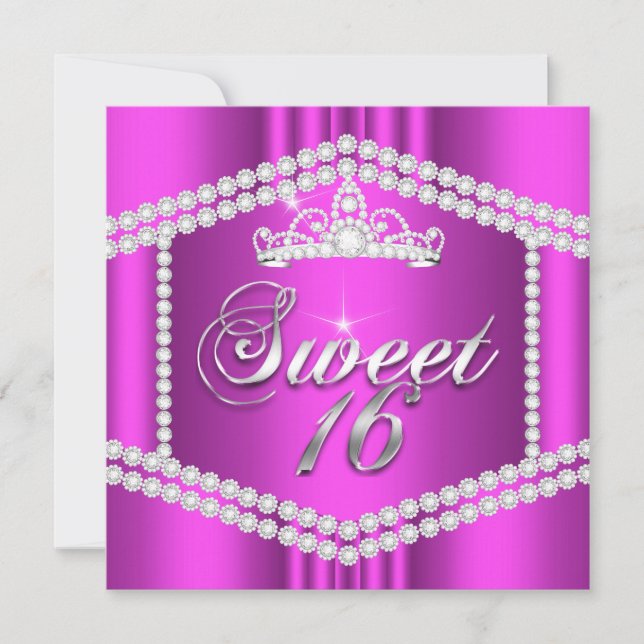 Hot Pink Princess Sweet 16 Party Diamond Trim Invitation (Front)