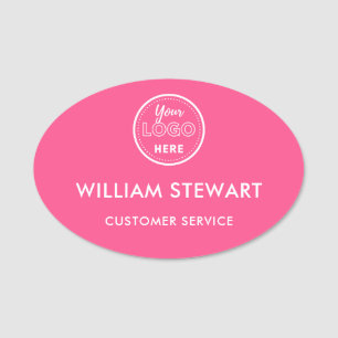 Hot Pink Professional Logo Oval Employee Staff Name Tag