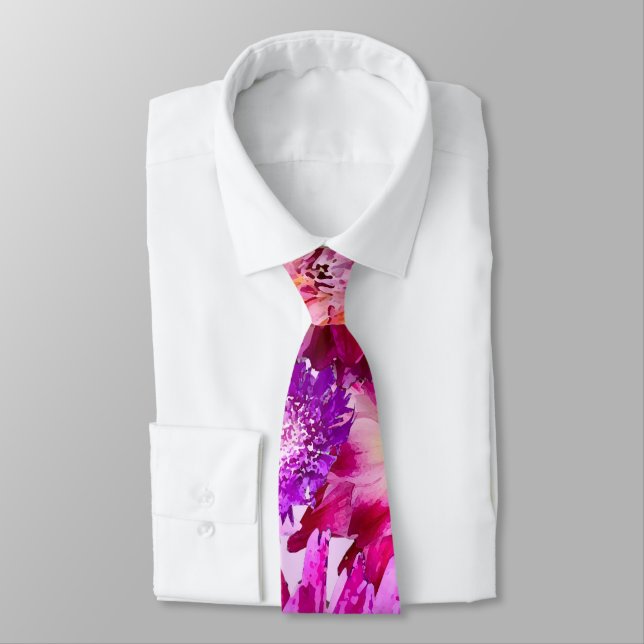 Hot Pink Purple Abstract Floral Dahlia Pattern Tie (Tied)