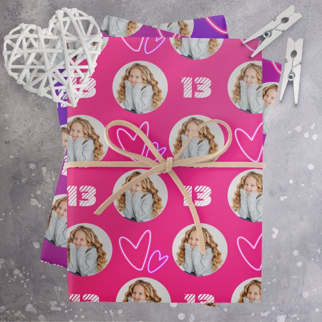 Hot Pink Purple Circle Photo Heart Birthday Wrapping Paper Sheet (Creator Uploaded)