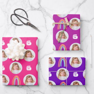 Hot Pink Purple Circle Photo Rainbow Birthday Wrapping Paper Sheet