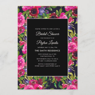 Hot Pink Purple Floral on Black Bridal Shower Invitation