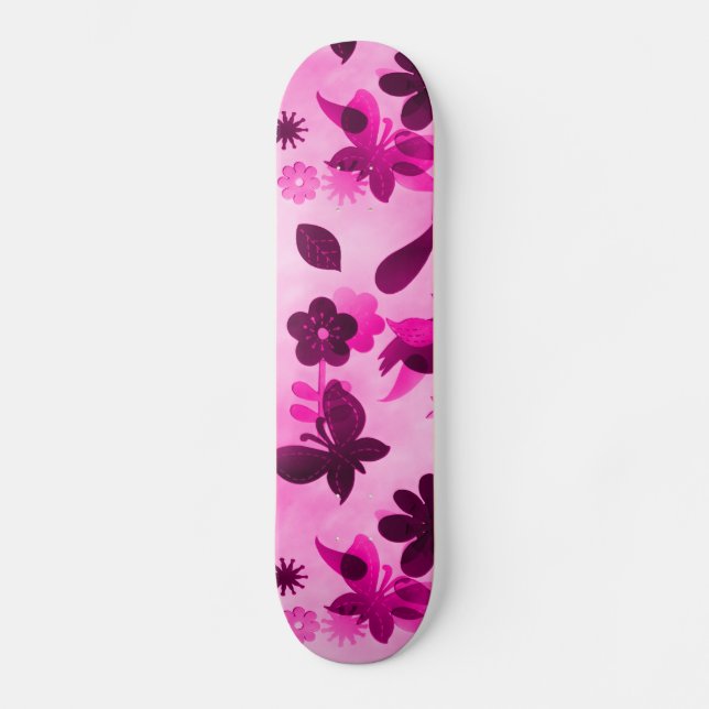 Hot Pink Purple Flowers Birds Butterflies Floral Skateboard (Front)