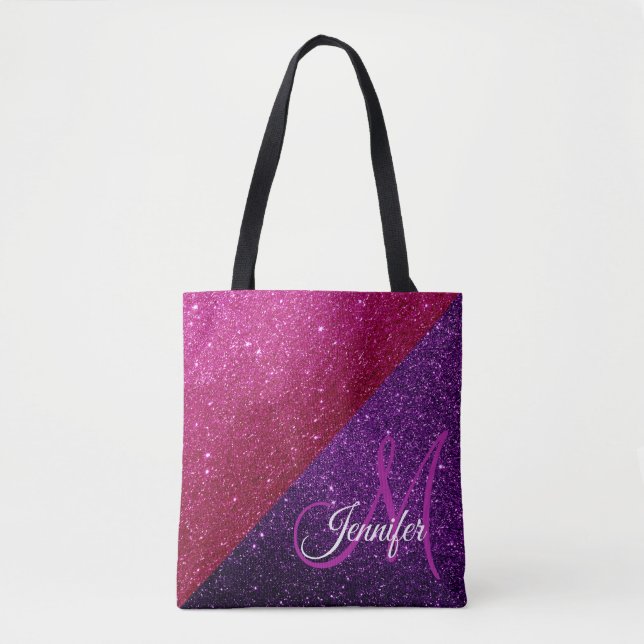 Hot Pink, Purple Glitter & Sparkles Monogrammed Tote Bag (Front)