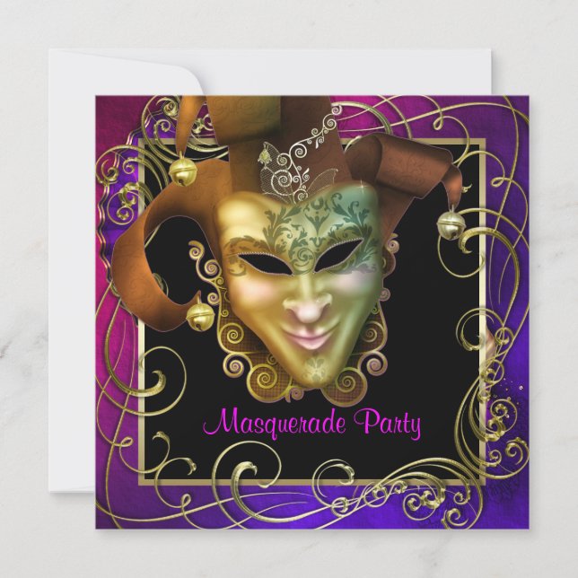 Hot Pink Purple Gold Masquerade Party Invitations (Front)