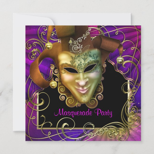 Hot Pink Purple Gold Masquerade Party Invitations (Front)